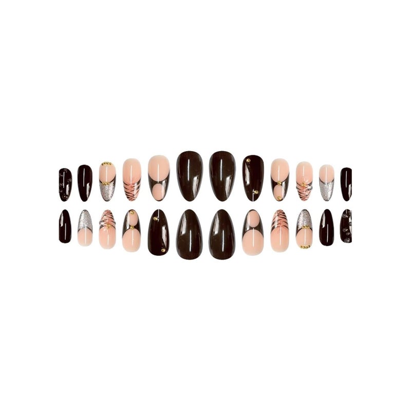 SEENEEY Long Press on Nails Almond Fake Nails Brown Acrylic Nail Press ons French with 3D Floral Designs Stick on Nail for Women 24pcs - Image 4